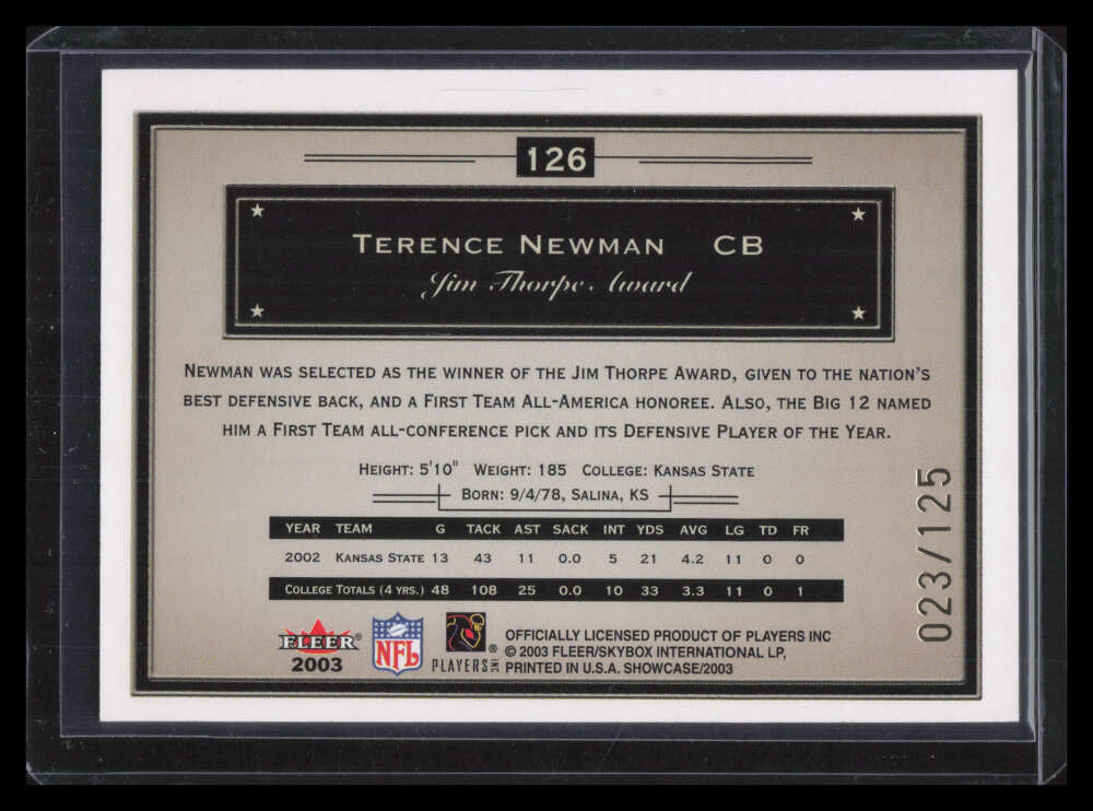 2003 Fleer Showcase Legacy 126 Terence Newman Rookie 23/125