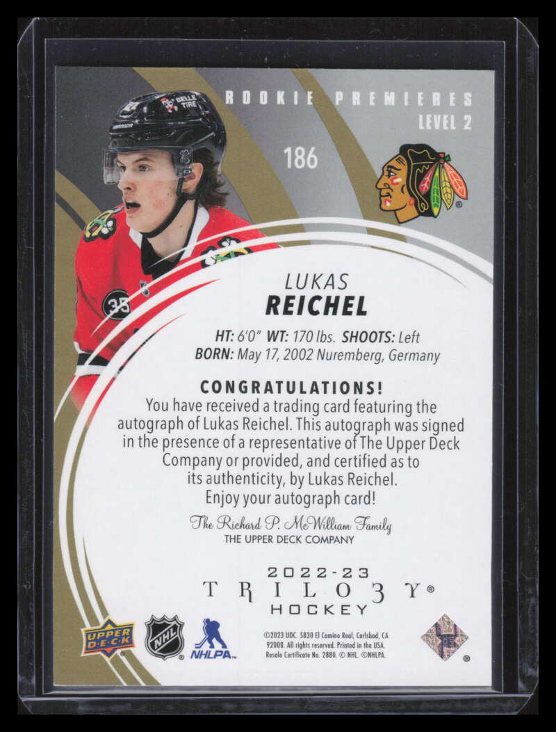 2022-23 Upper Deck Trilogy Gold 186 Lukas Reichel Rookie Auto 42/99