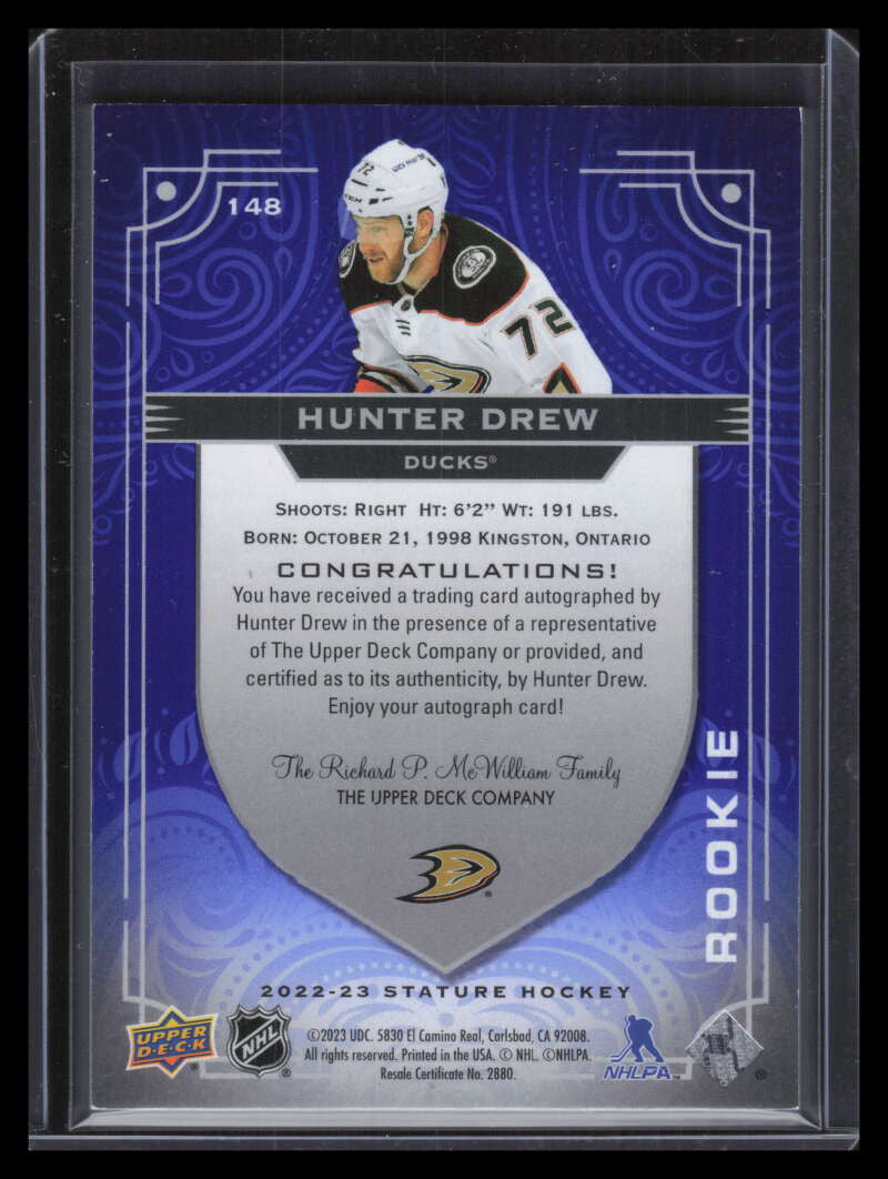 2022-23 Upper Deck Stature Autographs Blue 148 Hunter Drew Rookie Auto 2/10