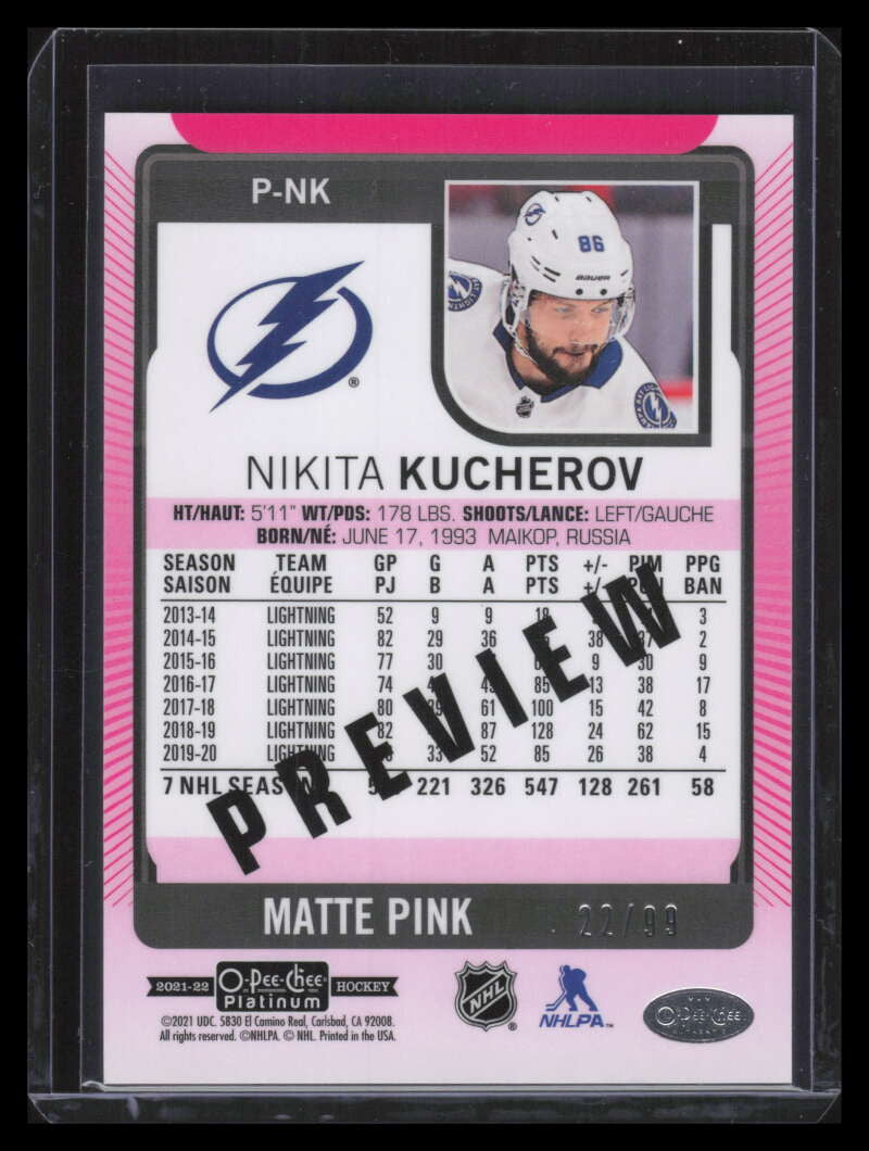 2021-22 O-Pee-Chee Platinum Preview Matte Pink PNK Nikita Kucherov 22/99