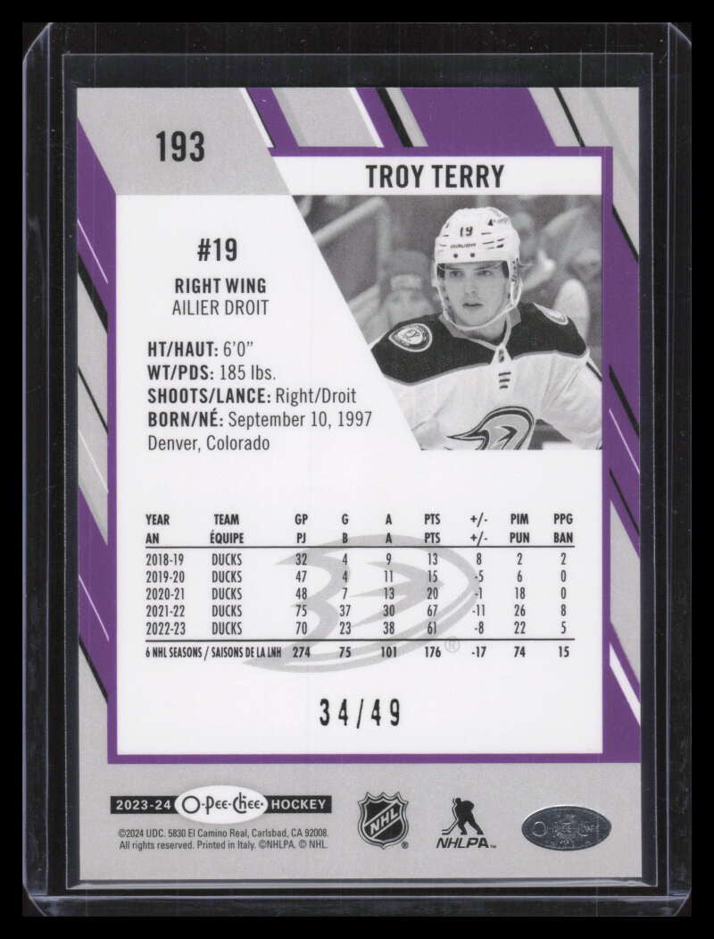 2023-24 O-Pee-Chee Purple 193 Troy Terry 34/49