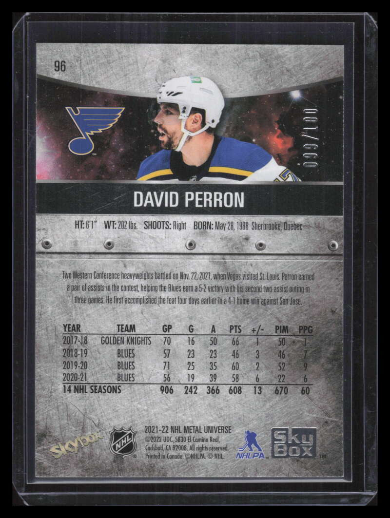 2021-22 Metal Universe Precious Metal Gems Red 96 David Perron 99/100
