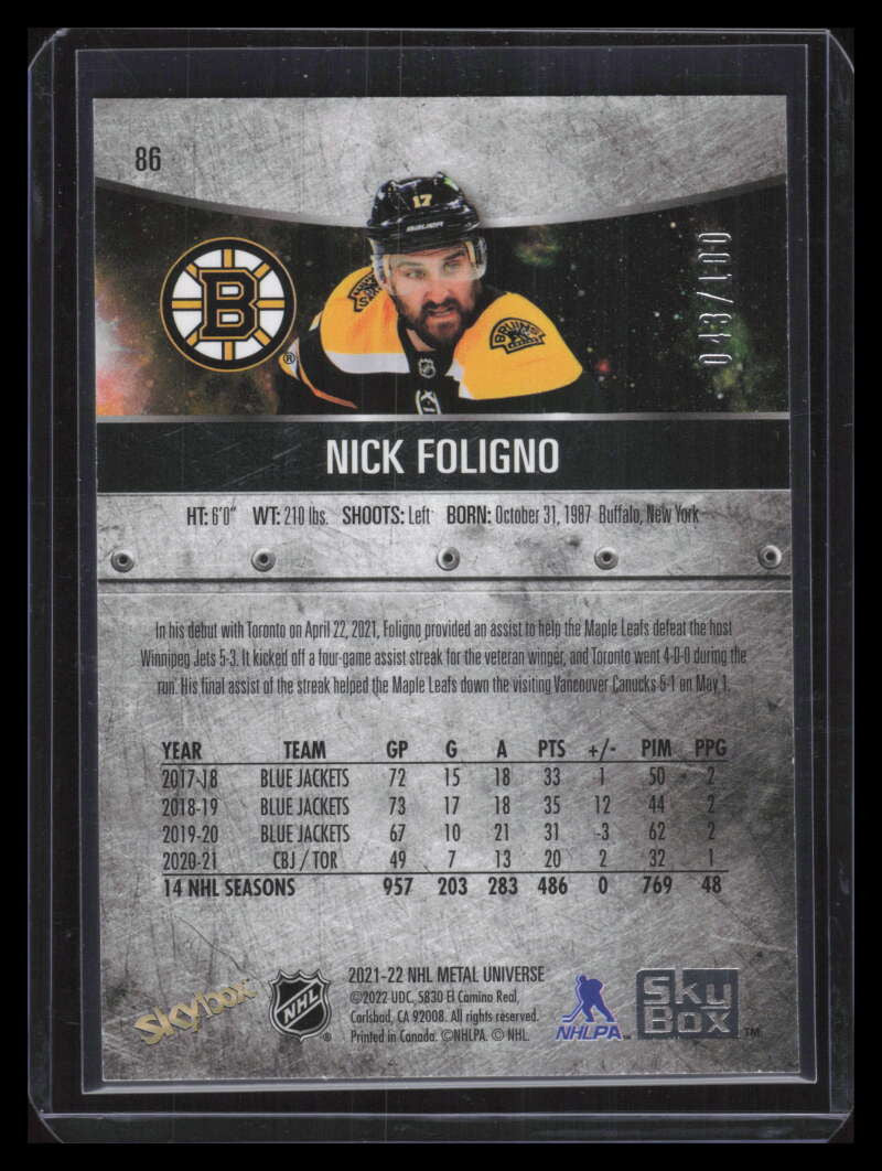 2021-22 Metal Universe Precious Metal Gems Red 86 Nick Foligno 43/100