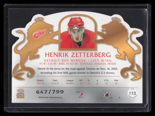 2002-03 Crown Royale Purple 113 Henrik Zetterberg Rookie 647/799