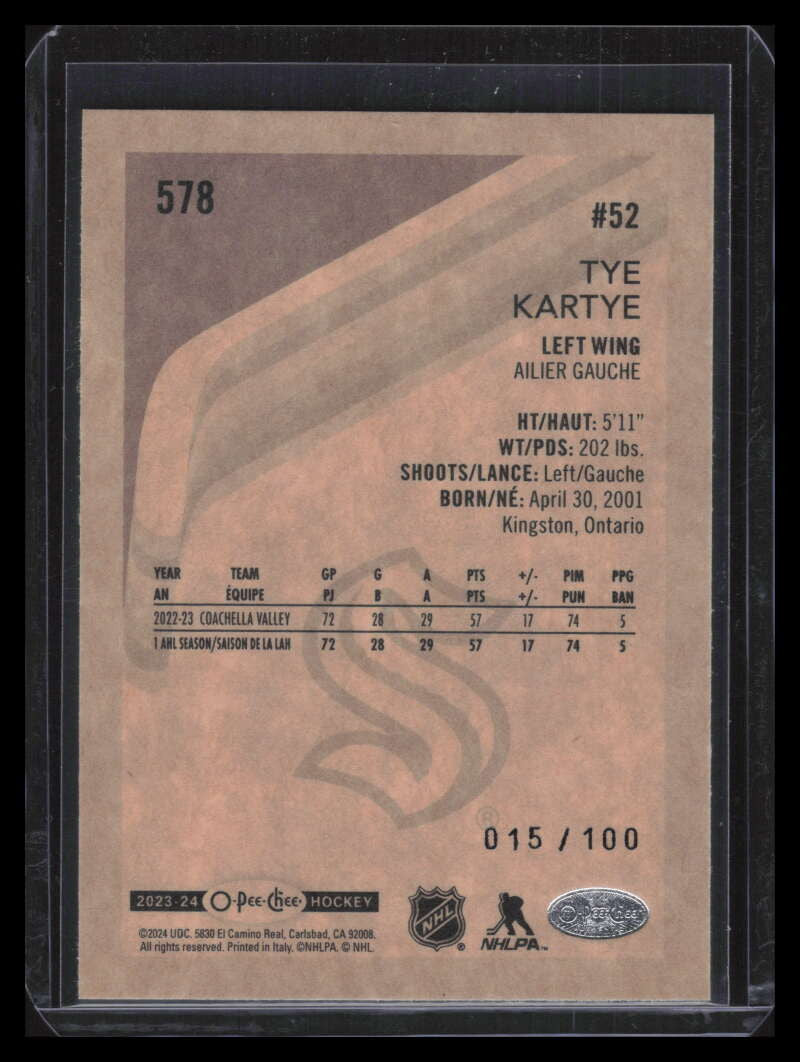 DELETE 143024 2023-24 O-Pee-Chee Retro Black 578 Tye Kartye Rookie 15/100
