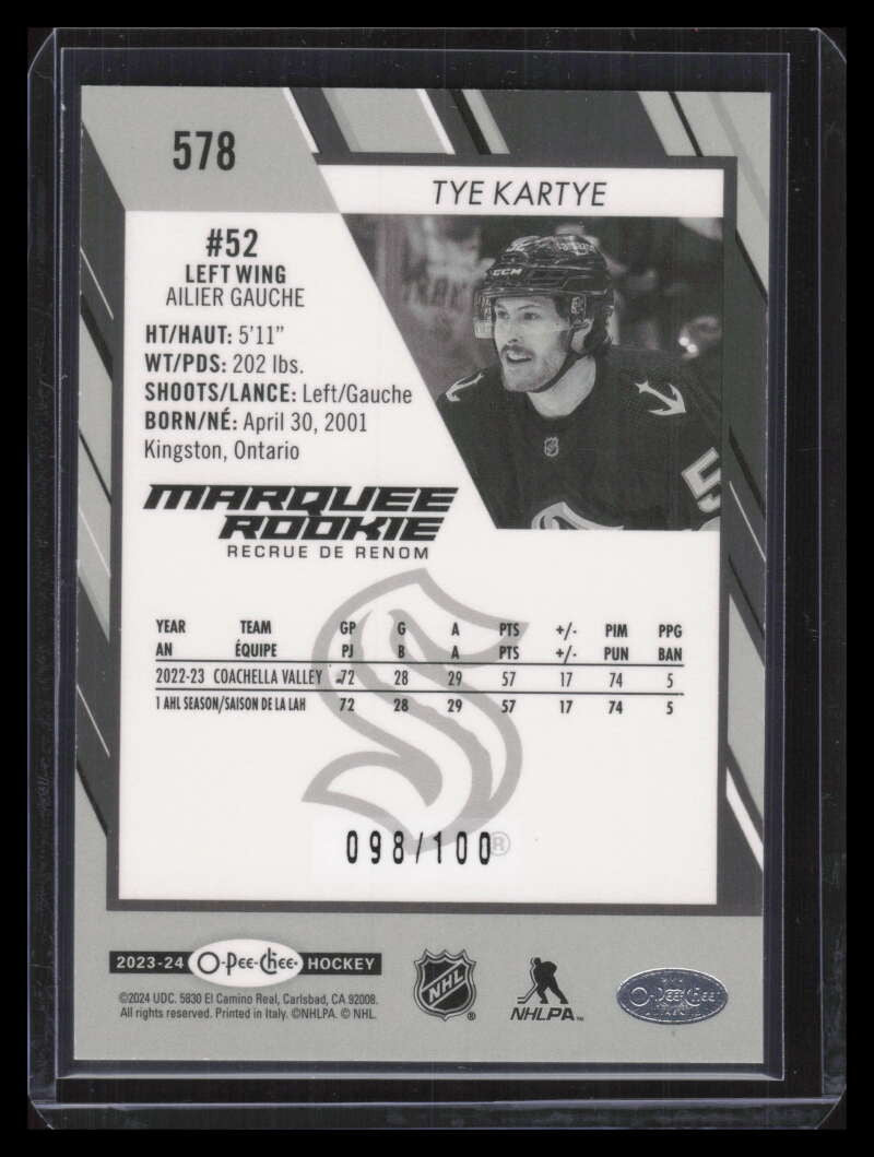 DELETE 143028 2023-24 O-Pee-Chee Rainbow Black 578 Tye Kartye Rookie 98/100