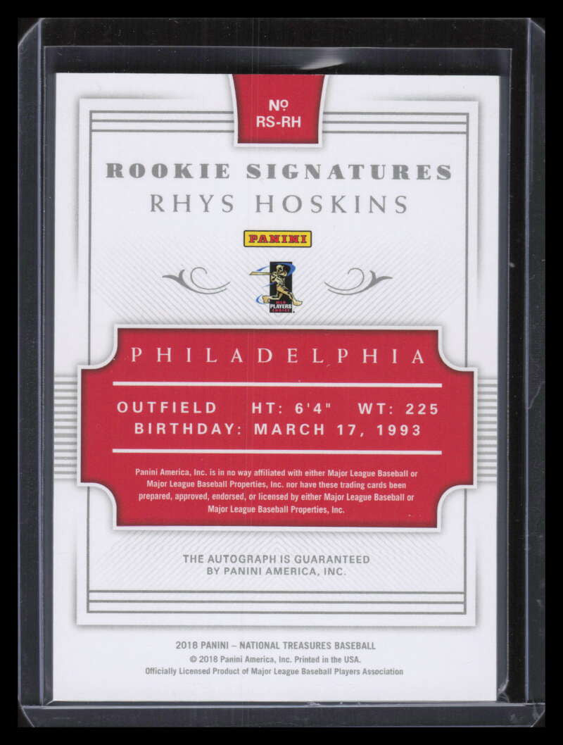 2018 Panini National Treasures Signatures 34 Rhys Hoskins Rookie Auto 17/99