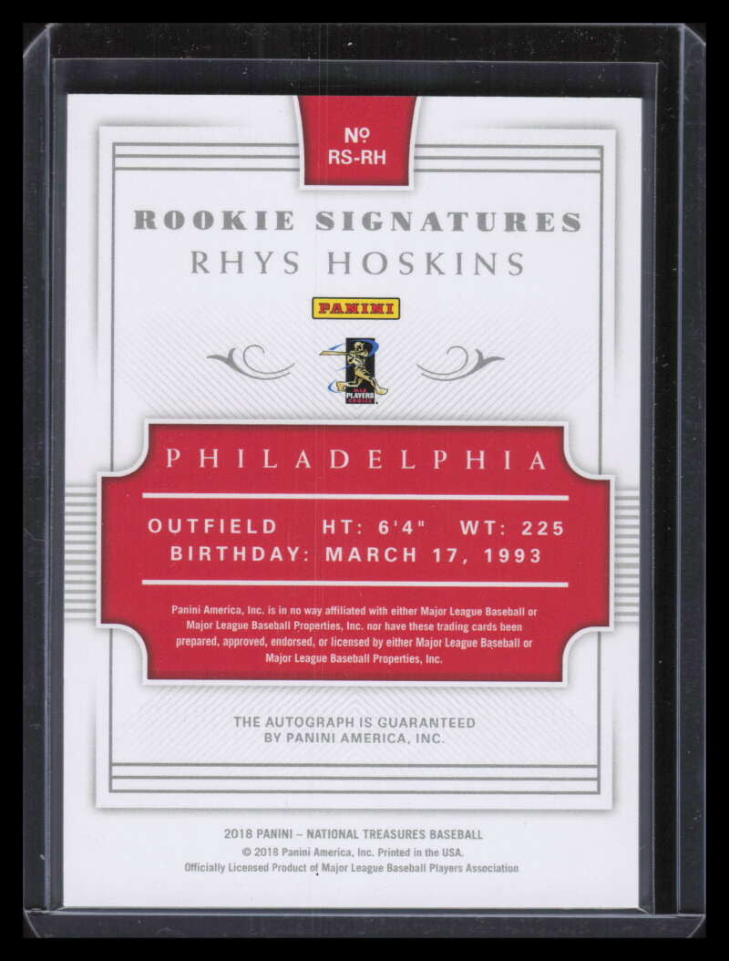2018 Panini National Treasures Signatures 34 Rhys Hoskins Rookie Auto 6/99
