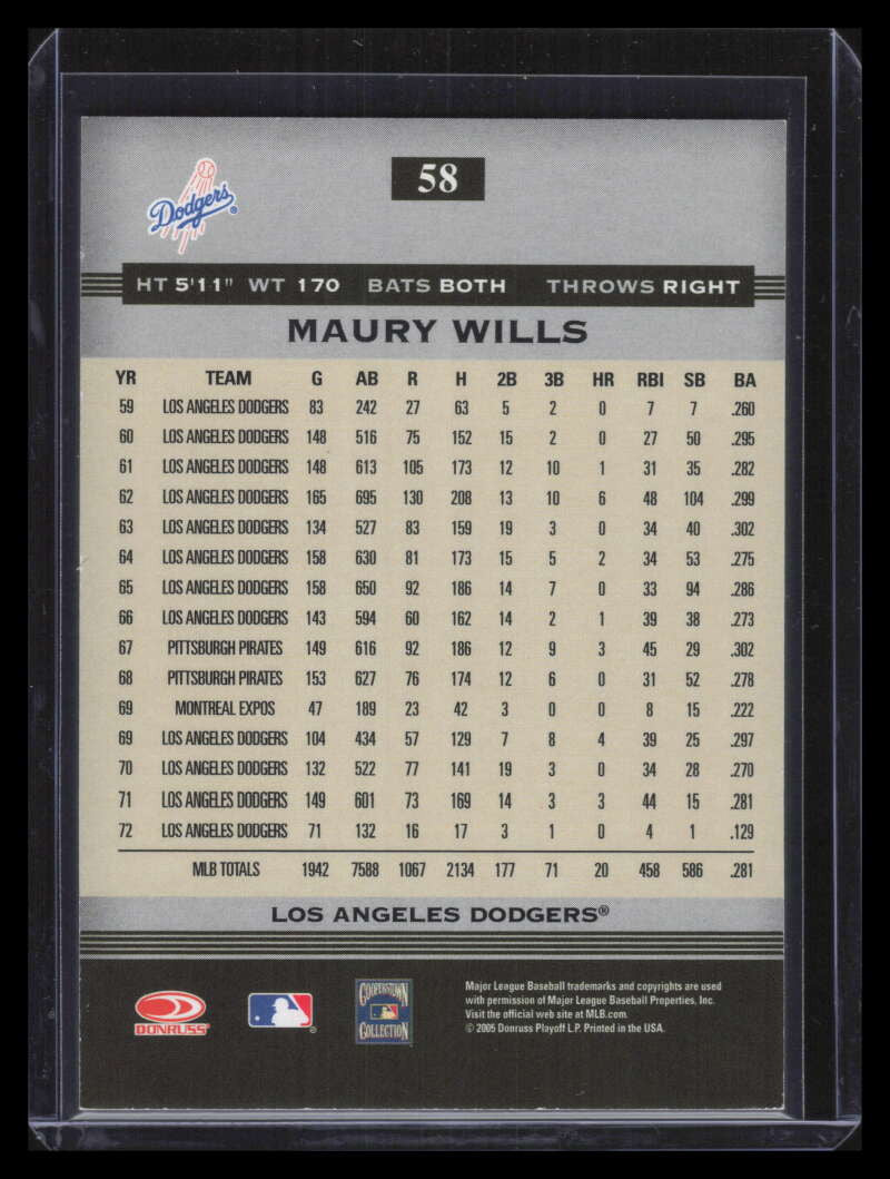 2005 Donruss Greats Signature Platinum HoloFoil 58 Maury Wills Auto /50