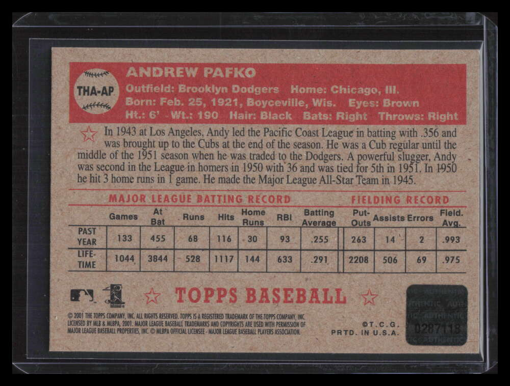 2001 Topps Heritage Autographs THAAP Andy Pafko Auto