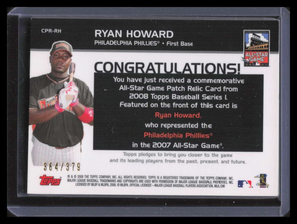 2008 Topps Replica Mini Jerseys RH Ryan Howard All-Star Jersey Patch 364/379