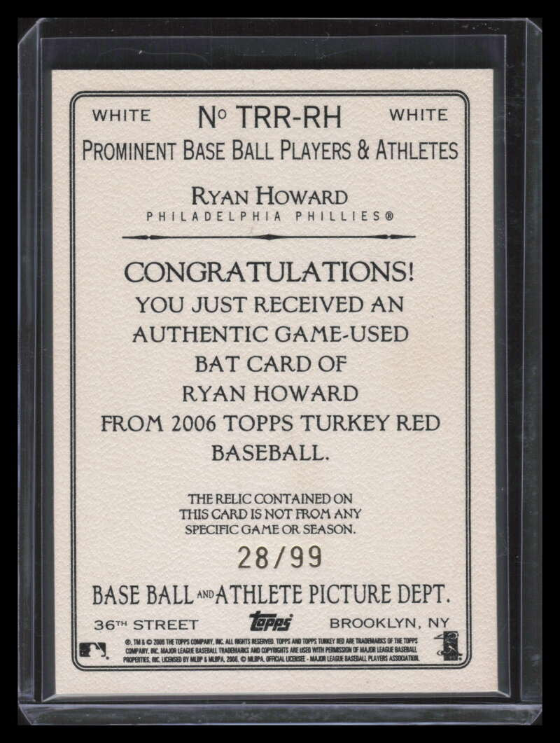 2006 Topps Turkey Red Relics White RH Ryan Howard Bat 28/99