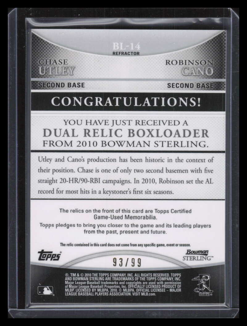 2010 Bowman Sterling Relics Refractor bl14 Cano Chase Utley Dual Jersey 93/99