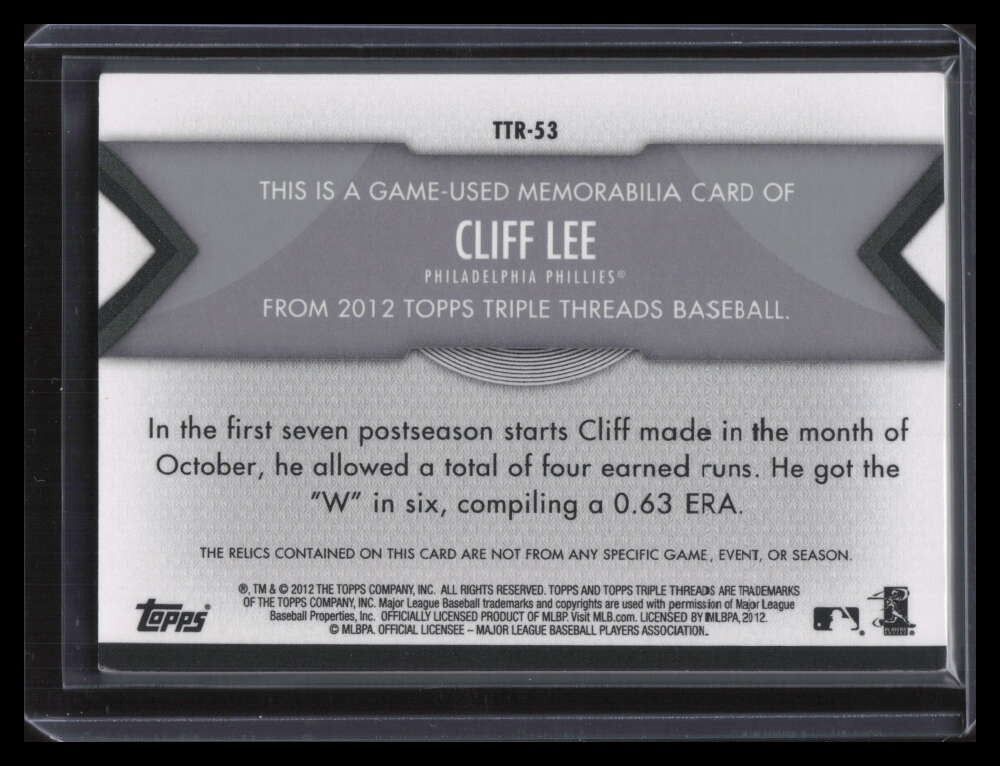 2012 Topps Triple Threads Relics ttr53 Cliff Lee Triple Jersey 8/36