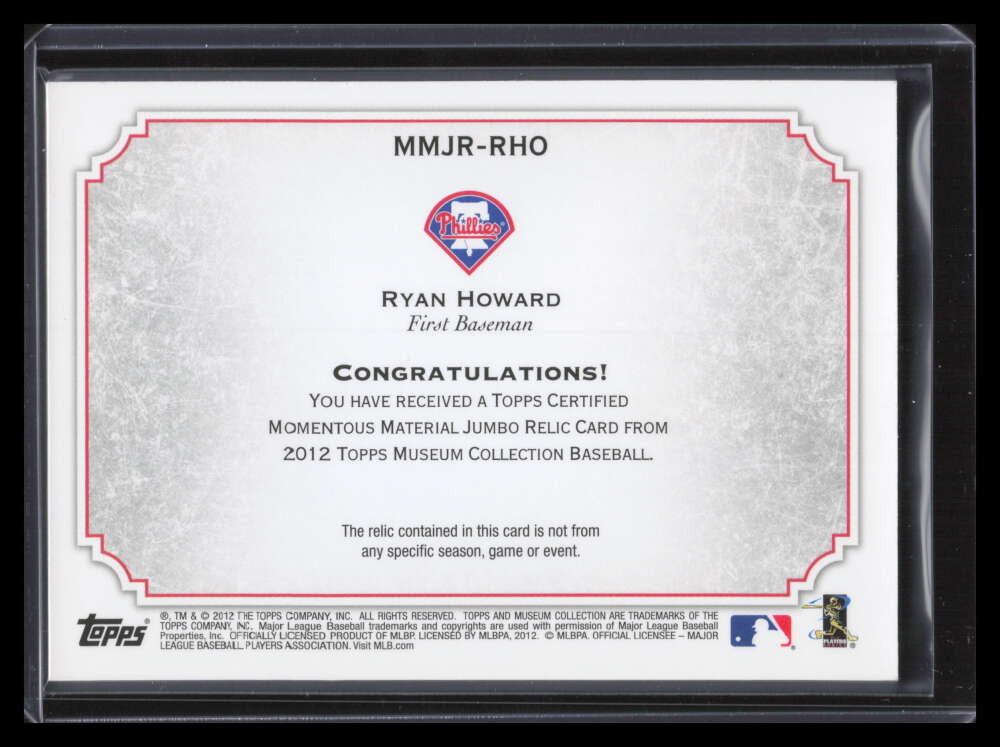 2012 Topps Museum Momentous Material Relics Ryan Howard Jumbo Jersey 30/50