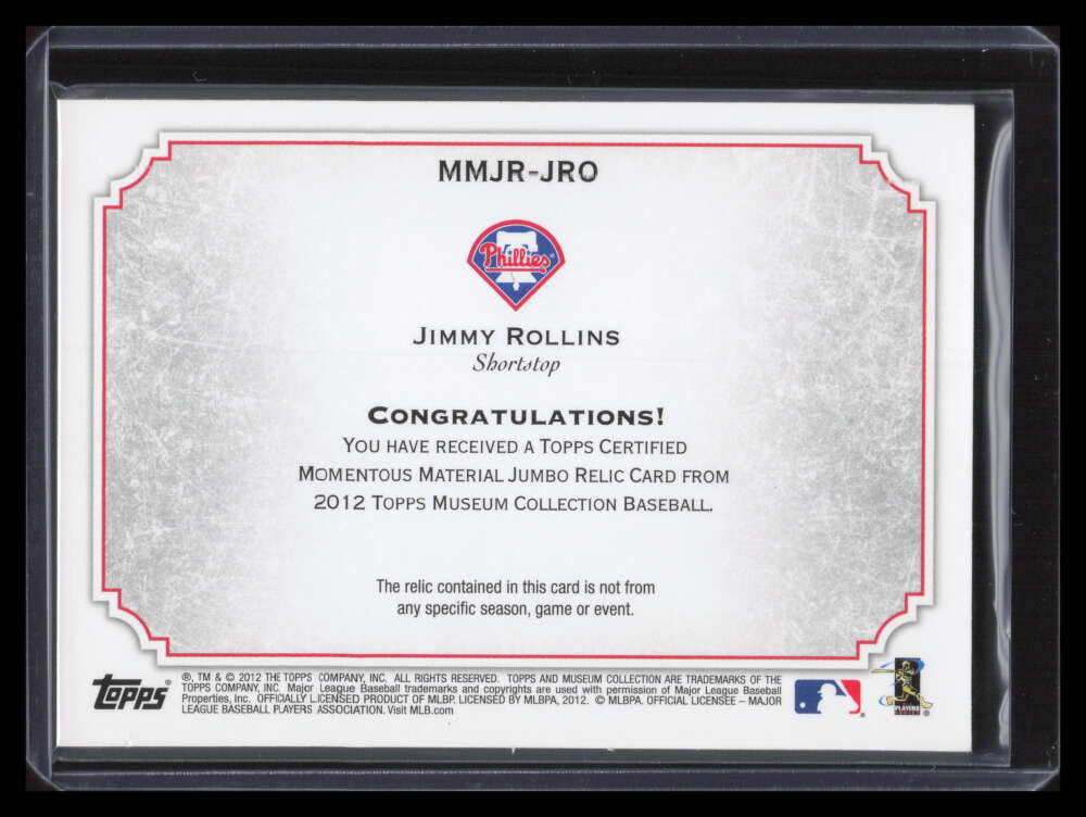 2012 Topps Museum Momentous Material Relics Jimmy Rollins Jumbo Jersey 34/50