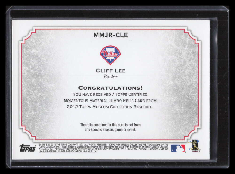 2012 Topps Museum Momentous Material Relics CLE Cliff Lee Jumbo Jersey 18/50