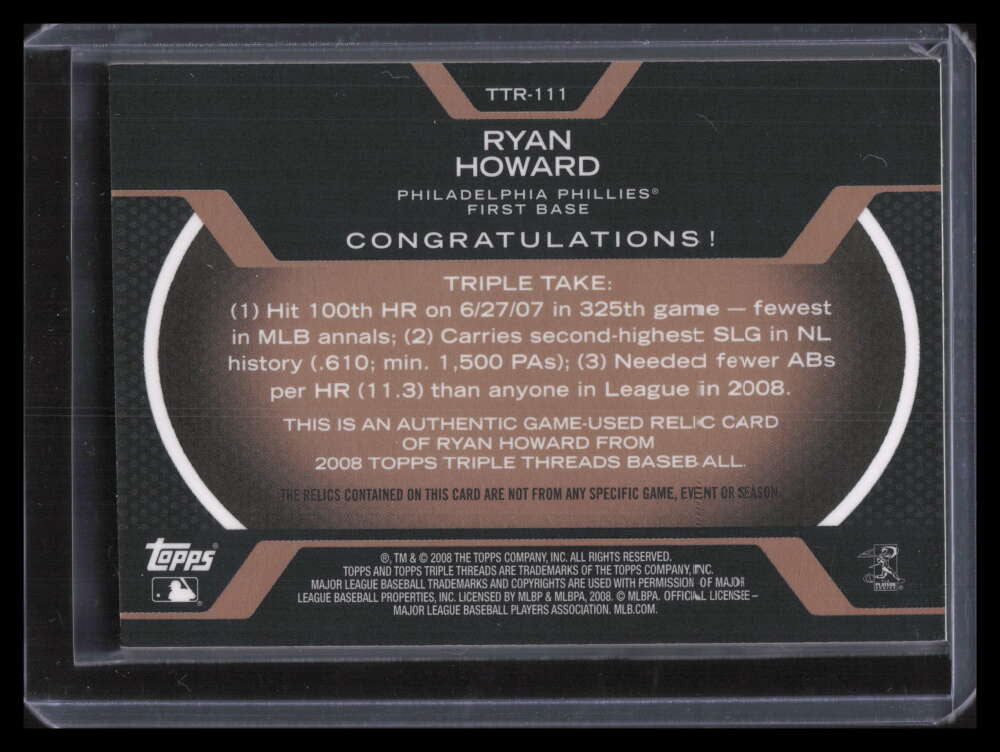 2008 Topps Triple Threads Relics Sepia 111 Ryan Howard Triple Jersey 17/27