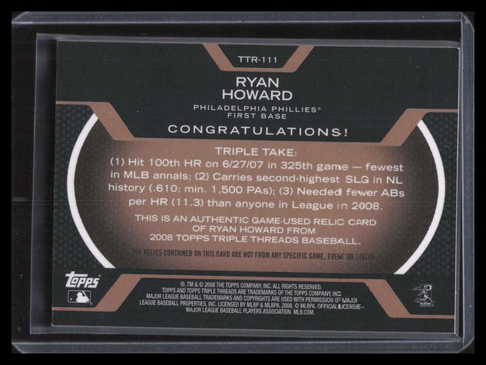 2008 Topps Triple Threads Relics Sepia 111 Ryan Howard Triple Jersey 9/27