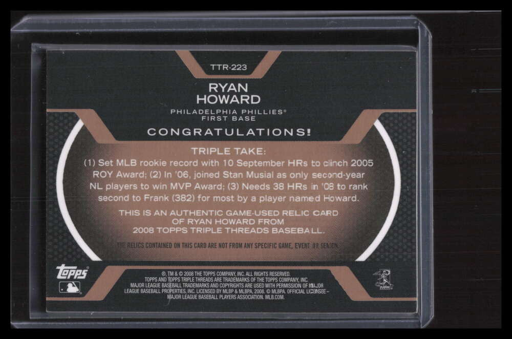 2008 Topps Triple Threads Relics Sepia 223 Ryan Howard Triple Jersey 24/27