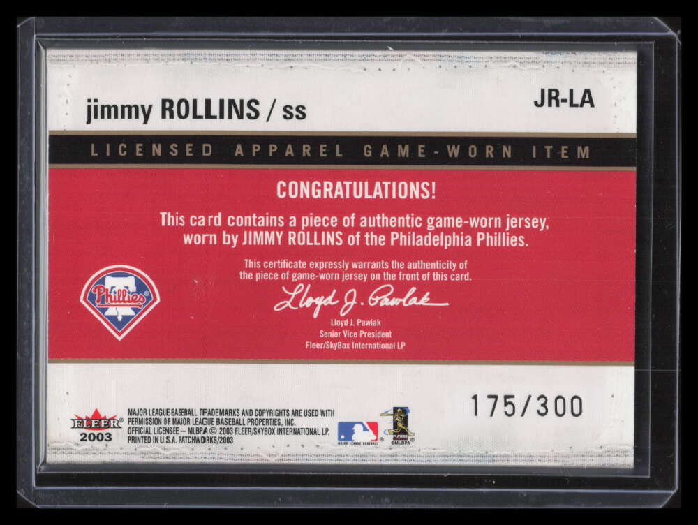 2003 Fleer Patchworks Licensed Apparel Patch JR Jimmy Rollins Patch 175/300