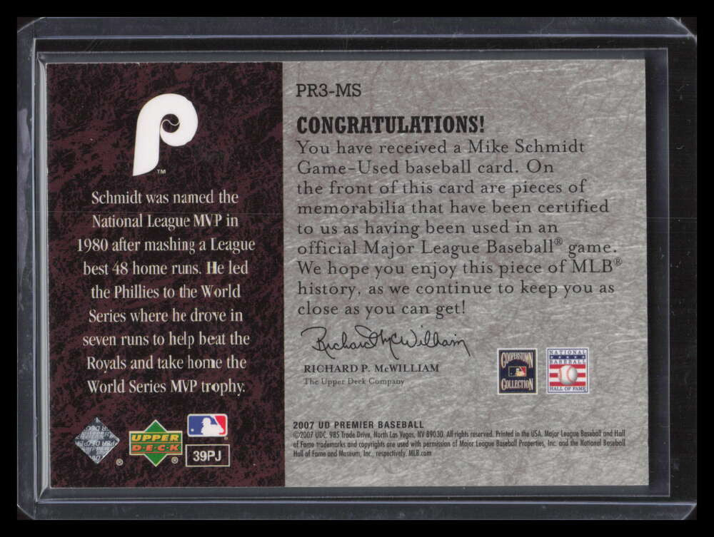 SOLD 147432 2007 Upper Deck Premier Remnants Triple MS Mike Schmidt Triple Jersey 9/75