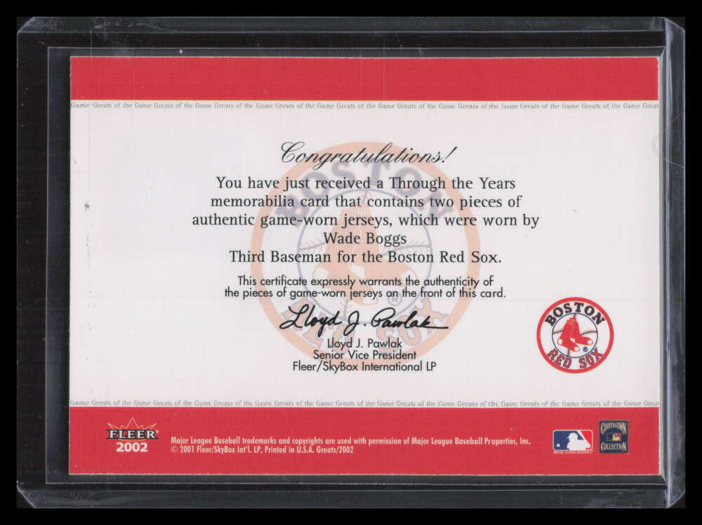 2002 Greats of the Game Through the Years Level 2 Wade Boggs Dual Jersey 41/100