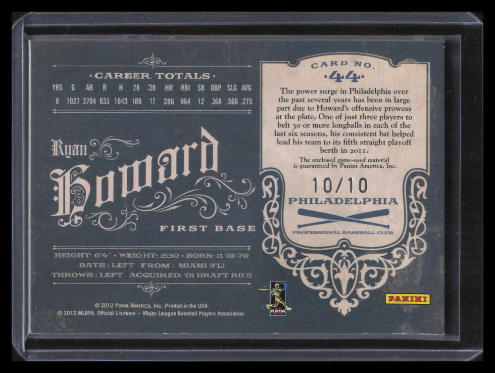 2011 Prime Cuts Materials Century Platinum 44 Ryan Howard Patch 10/10