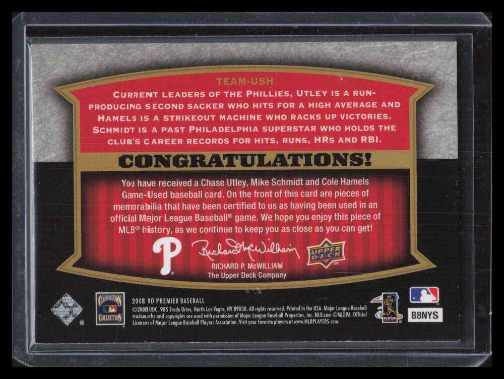 SOLD 147447 2008 Upper Deck Premier Teams Gold USH Hamels Utley Schmidt Triple Jersey 14/33