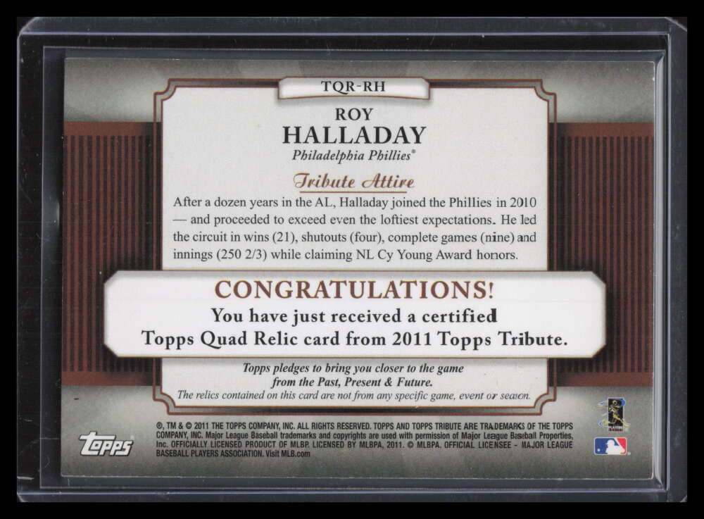 2011 Topps Tribute Quad Relics Green RH Roy Halladay Quad Jersey 63/75