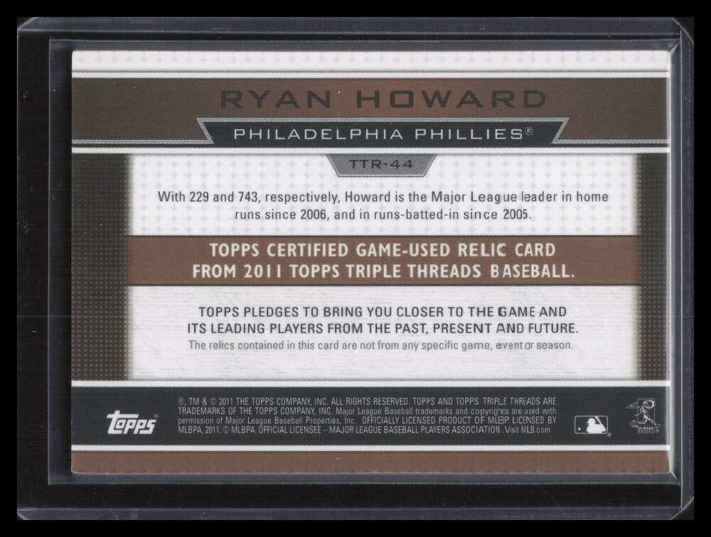 2011 Topps Triple Threads Relics Gold ttr44 Ryan Howard Triple Jersey 4/9