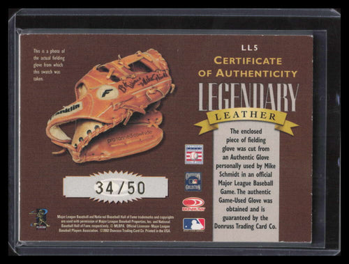 2002 Donruss Classics Legendary Leather 5 Mike Schmidt Fielding Glove 34/50