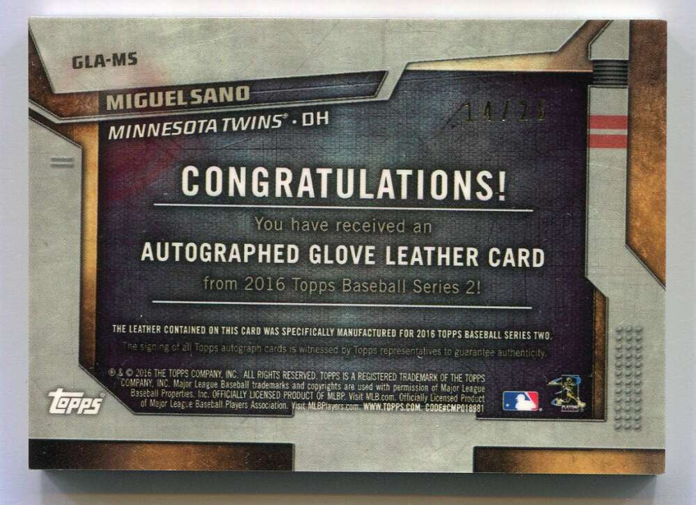 2016 Topps Team Glove Leather Autographs GLAMS Miguel Sano Rookie Auto 14/25