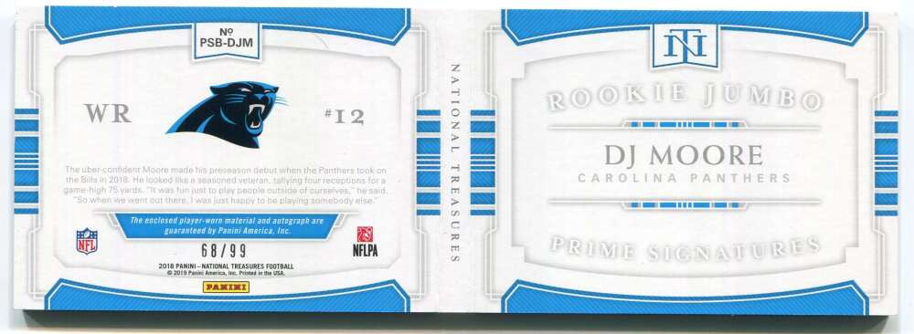 2018 Panini National Treasures Booklet D. J. Moore Rookie Jumbo Patch Auto 68/99