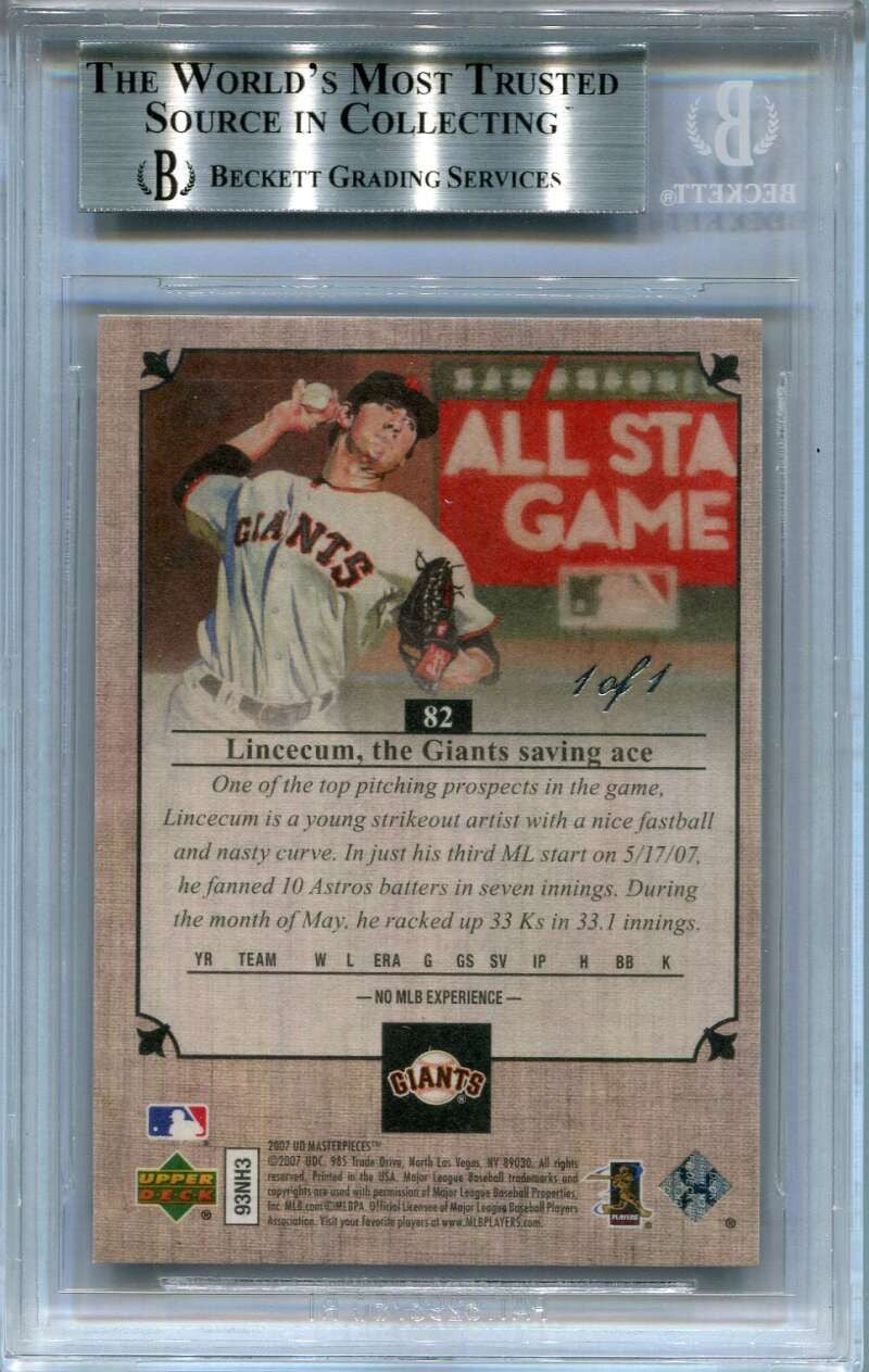 2007 UD Masterpieces Urban Gray 82 Tim Lincecum Rookie 1/1 BGS 9 MINT