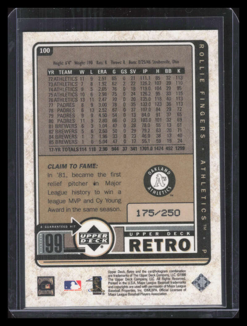 1999 Upper Deck Retro Gold 100 Rollie Fingers 175/250