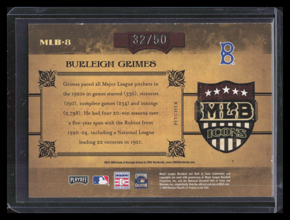 2005 Prime Cuts MLB Icons Century Silver mlb8 Burleigh Grimes 32/50