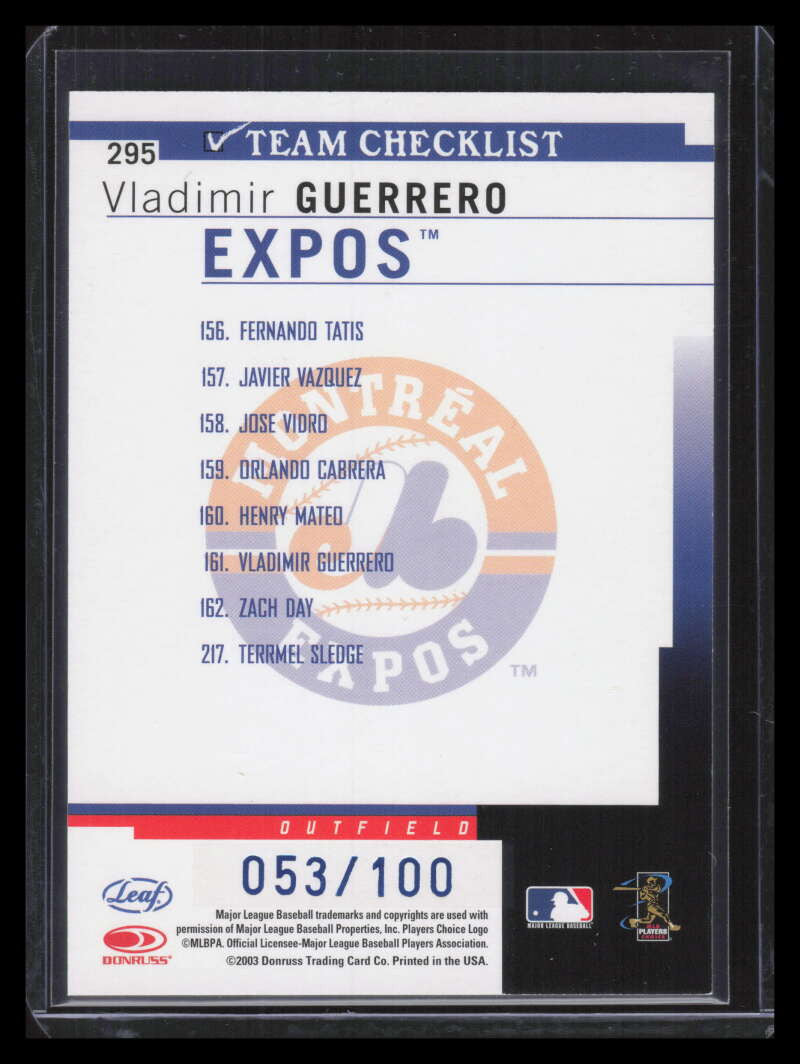 2004 Leaf Press Proofs Blue 295 Vladimir Guerrero TC 53/100 Team Checklist