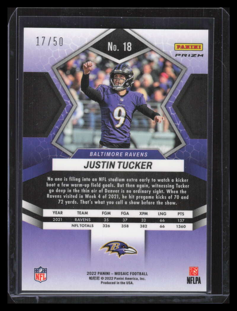 2022 Panini Mosaic Mosaic No Huddle Purple Refractor 18 Justin Tucker 17/50
