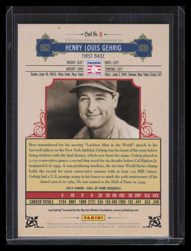 2014 Panini Hall of Fame Red Frame Blue 11 Lou Gehrig 14/25