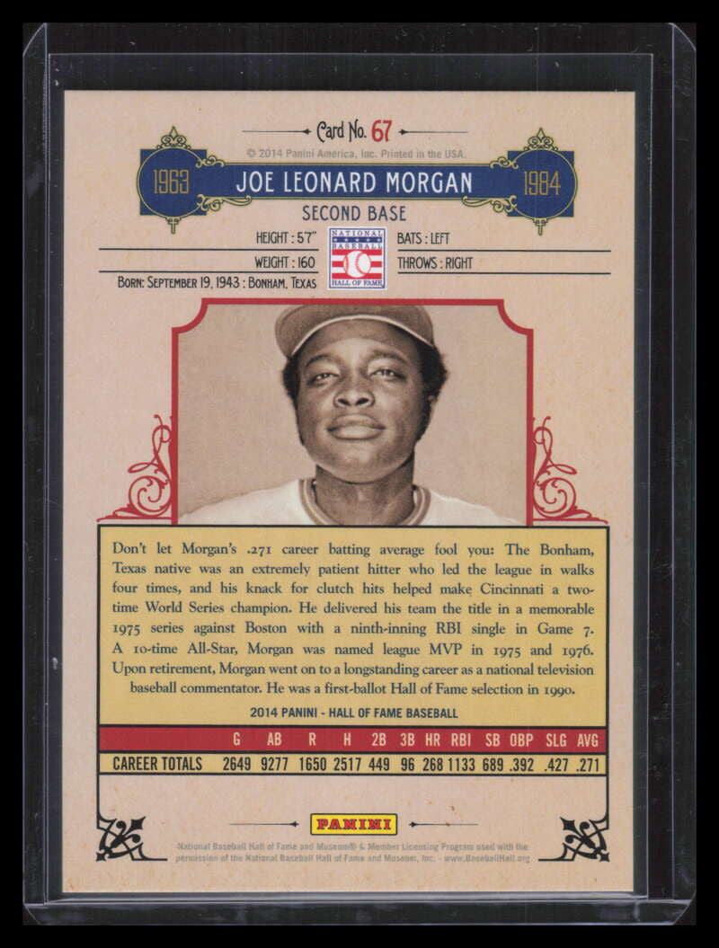 2014 Panini Hall of Fame Red Frame Green 67 Joe Morgan 9/10