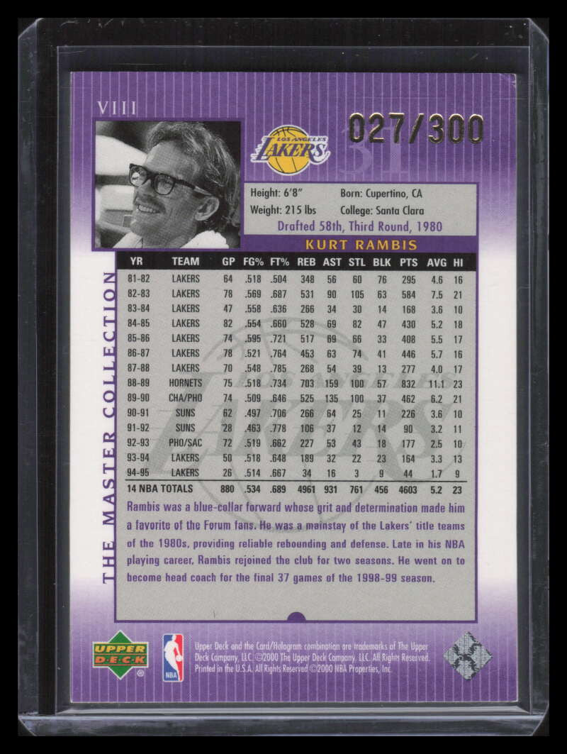 SOLD 148144 2000 Upper Deck Lakers Master Collection 8 Kurt Rambis 27/300
