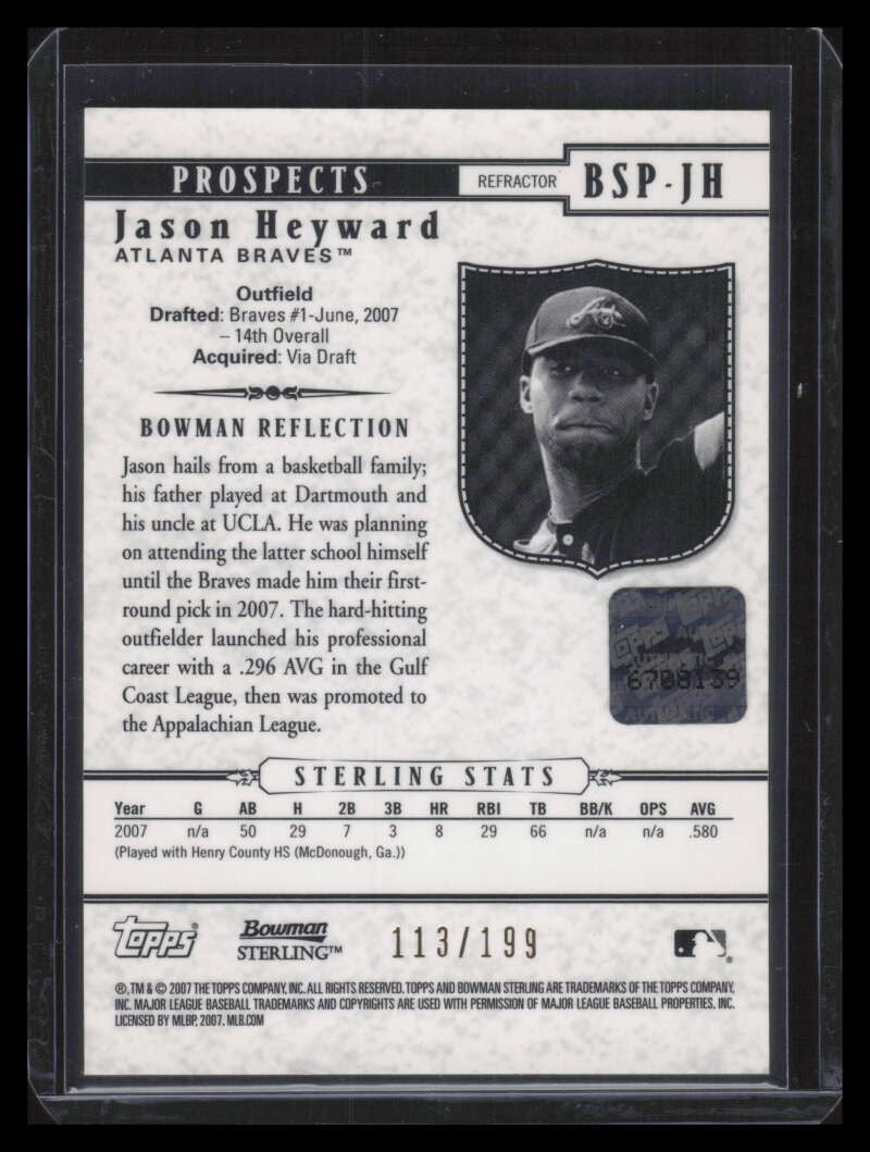 2007 Bowman Sterling Prospects Refractor JH Jason Heyward Rookie Auto 113/199