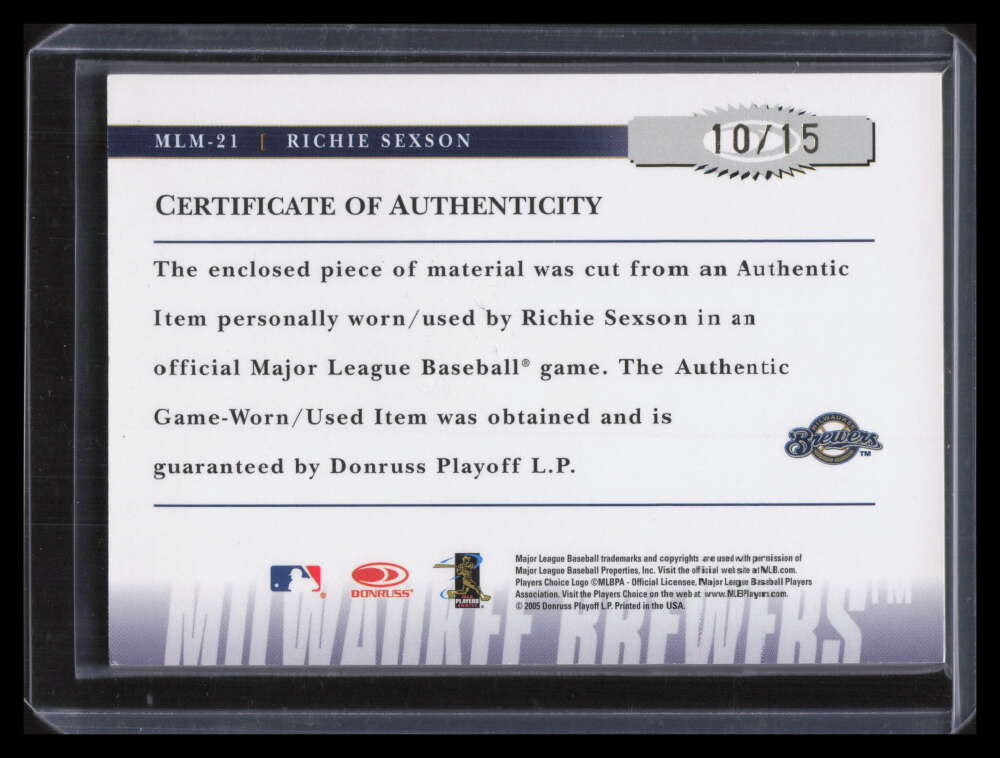 2005 Prime Patches Major League Materials Name Plate Richie Sexson Patch 10/15
