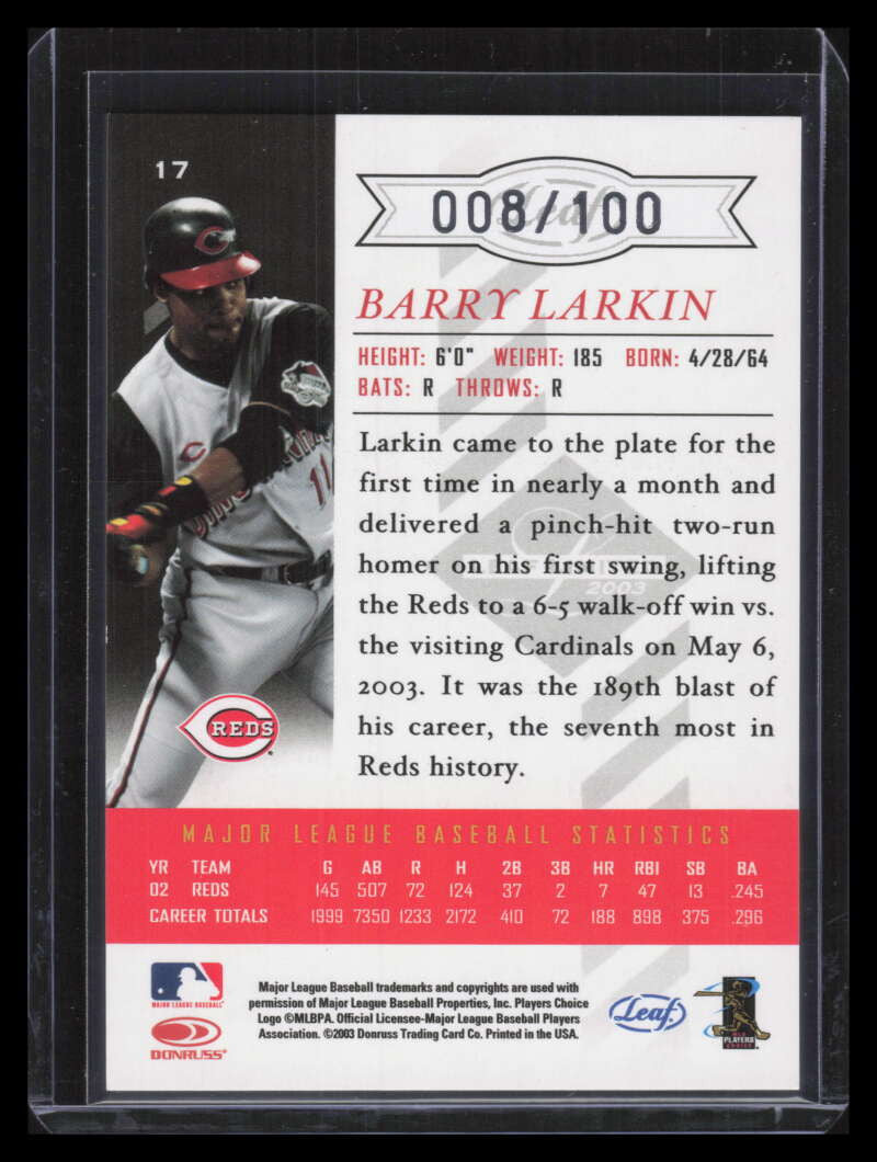 2003 Leaf Limited Silver Spotlight 17 Barry Larkin 8/100