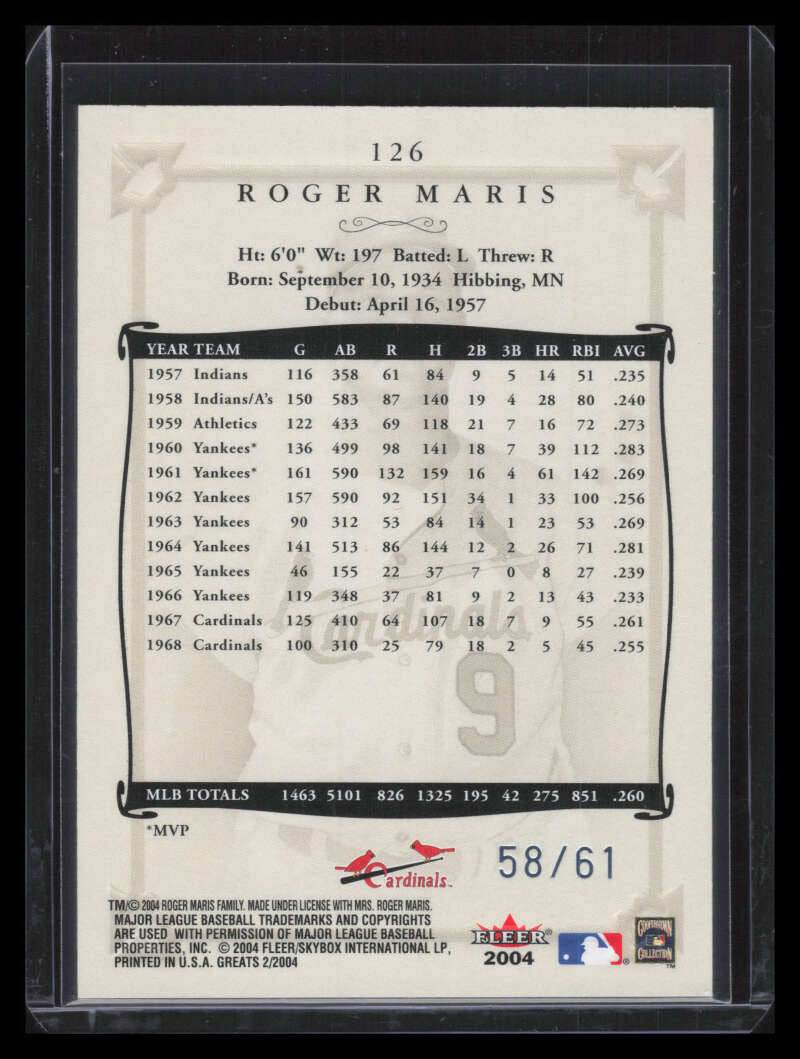 2004 Greats of the Game Blue 126 Roger Maris Cards 58/61