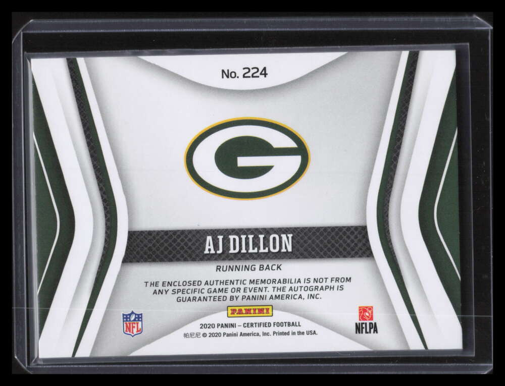 2020 Certified 224 A. J. Dillon Rookie Patch Auto 383/449 Freshman Fabric
