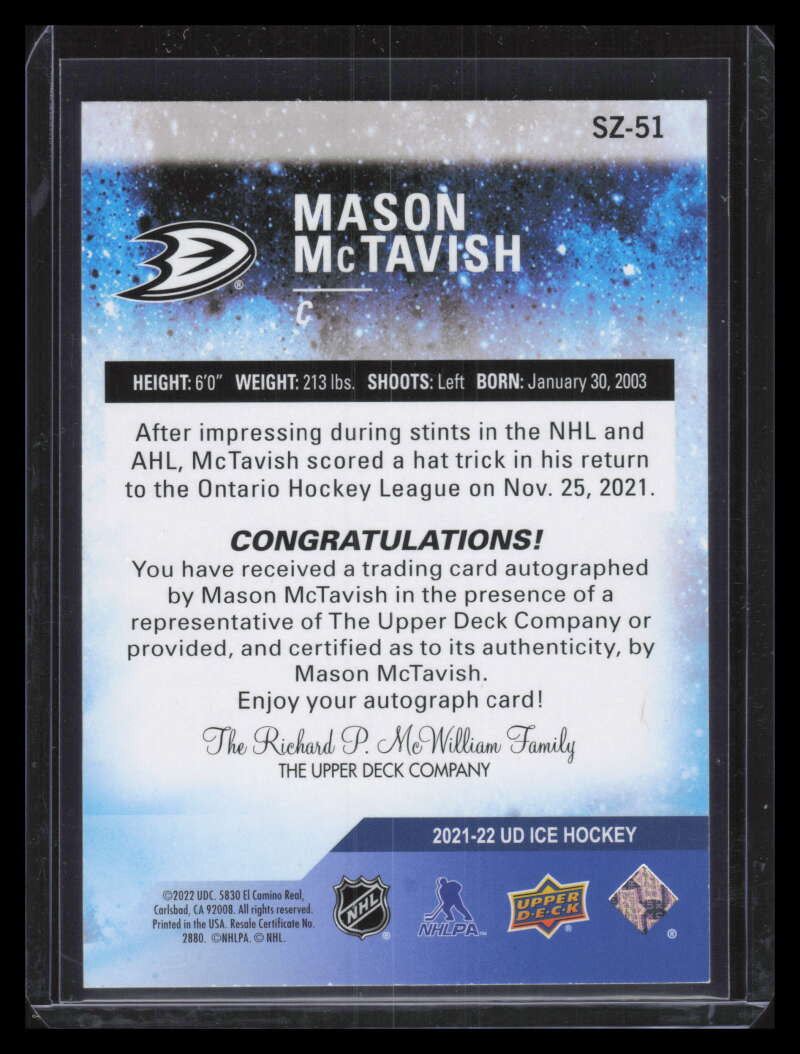 2021-22 Upper Deck Ice Sub Zero Autographs Blue sz51 Mason McTavish Rookie Auto