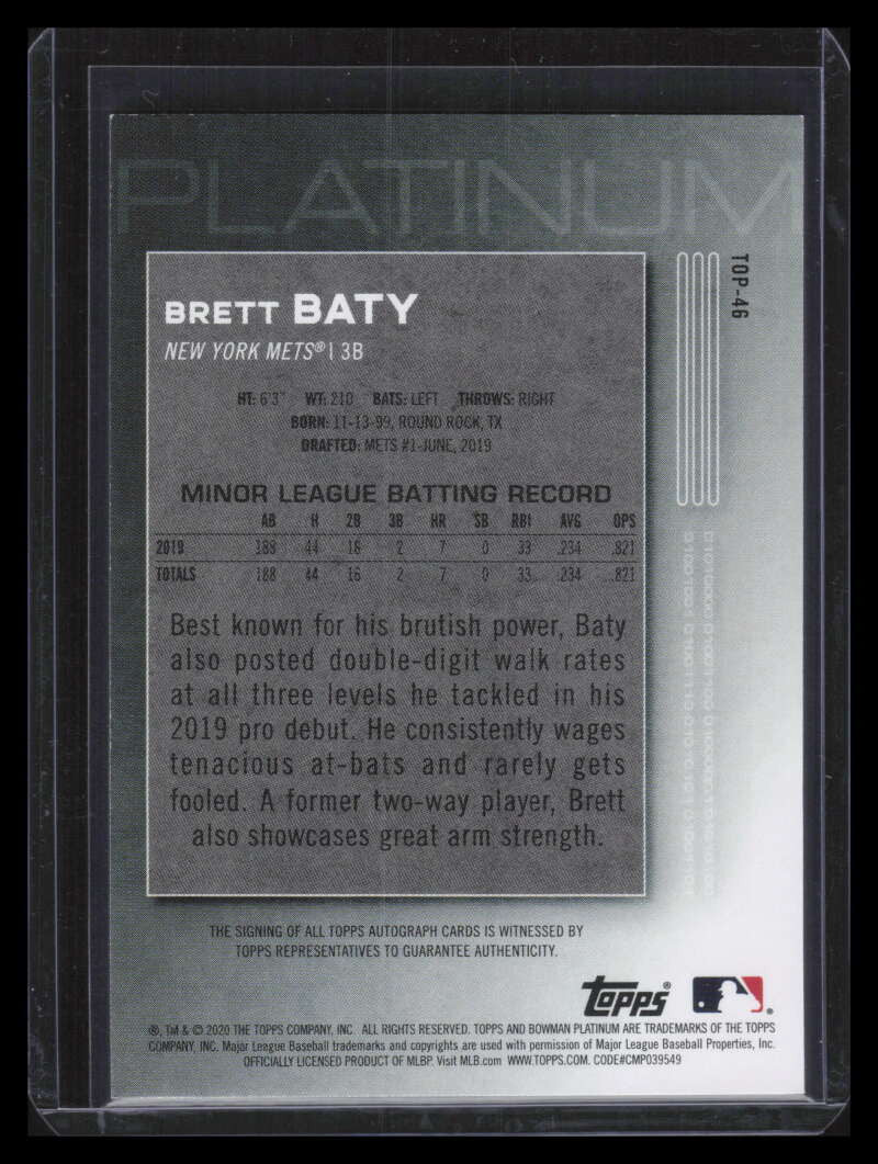 2020 Bowman Platinum Prospect Autographs Ice top46 Brett Baty Rookie Auto 5/50
