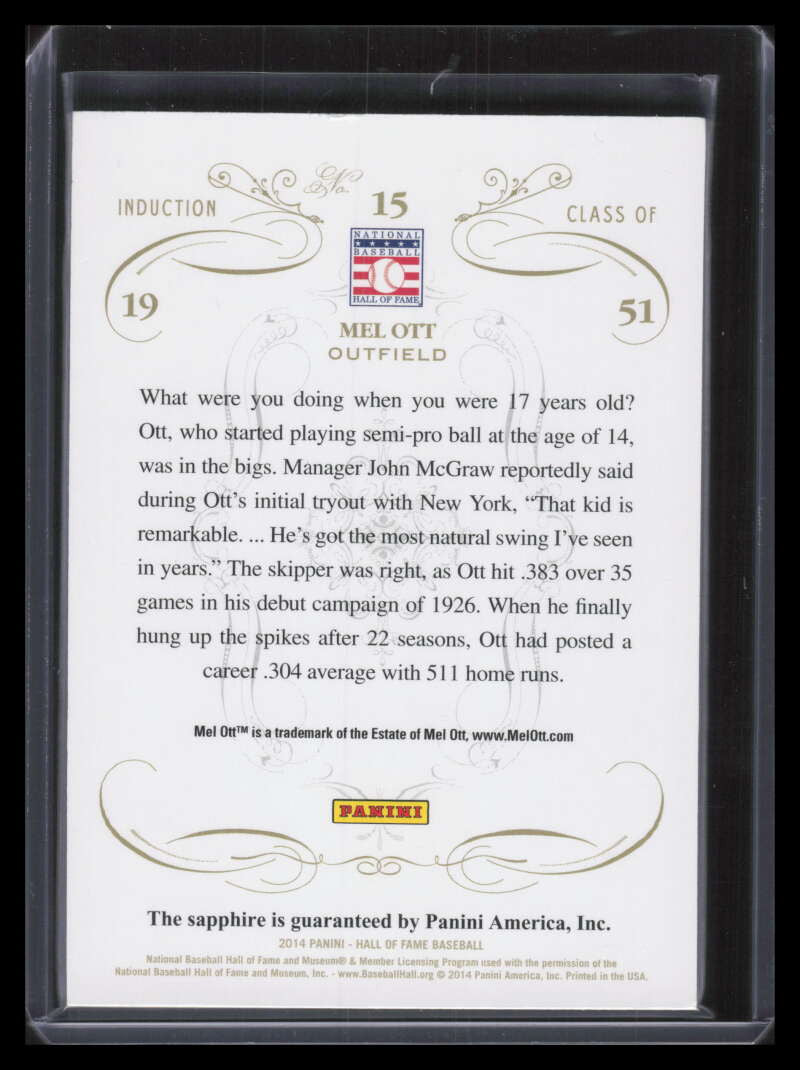 2014 Panini Hall of Fame 75th Anniversary Sapphire 15 Mel Ott Sapphire Gem 11/15